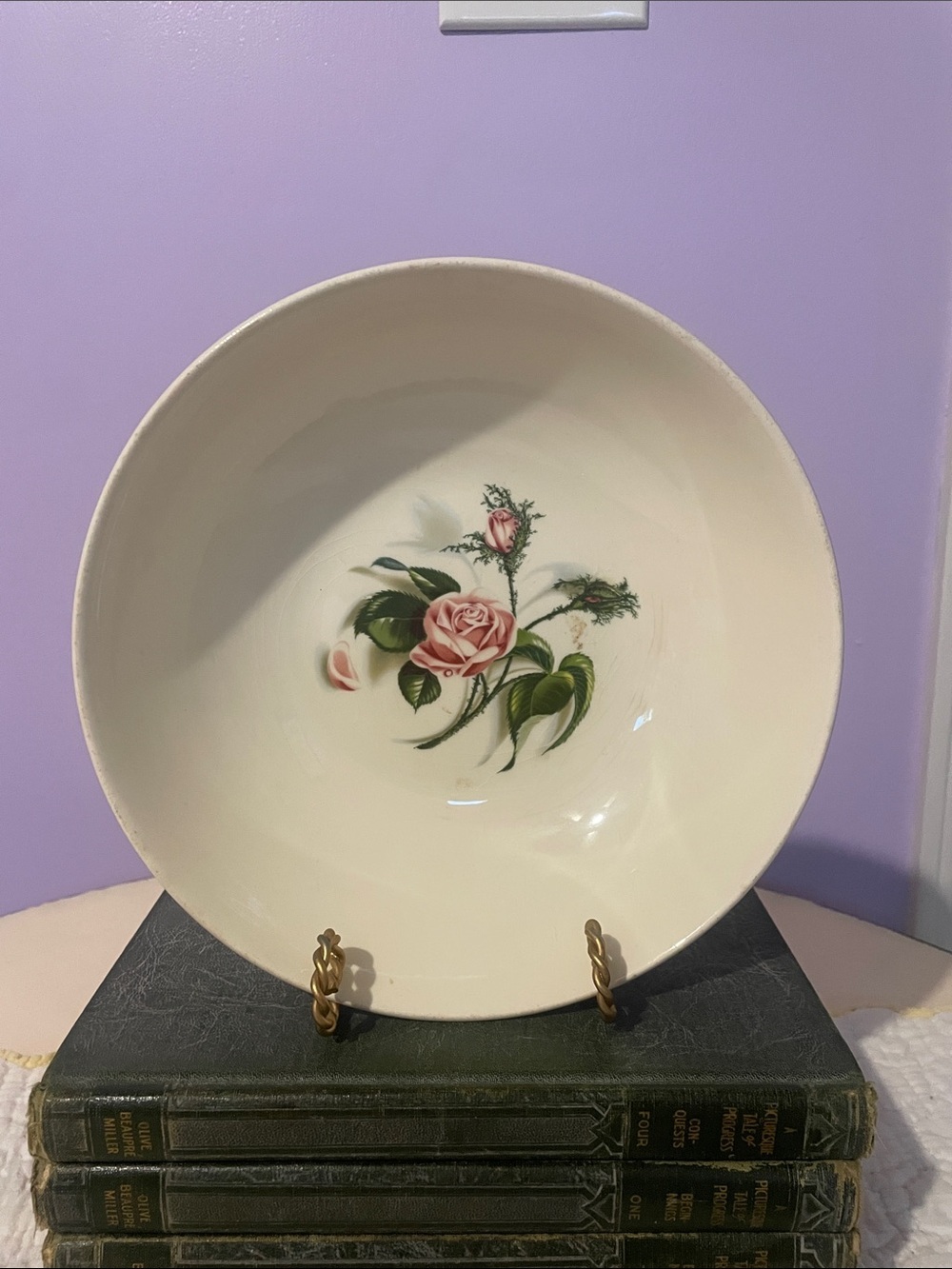 Vintage White Ceramic Bowl with Pink Rose Motif 50’s dish